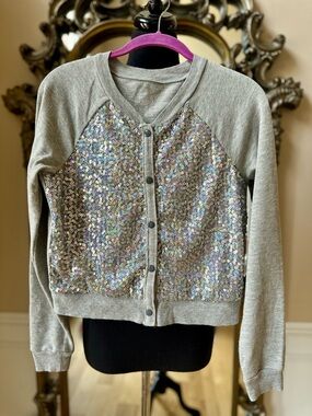 Justice Girls' Sequin Front Long Sleeve Grey Jacket Cardigan Size 16